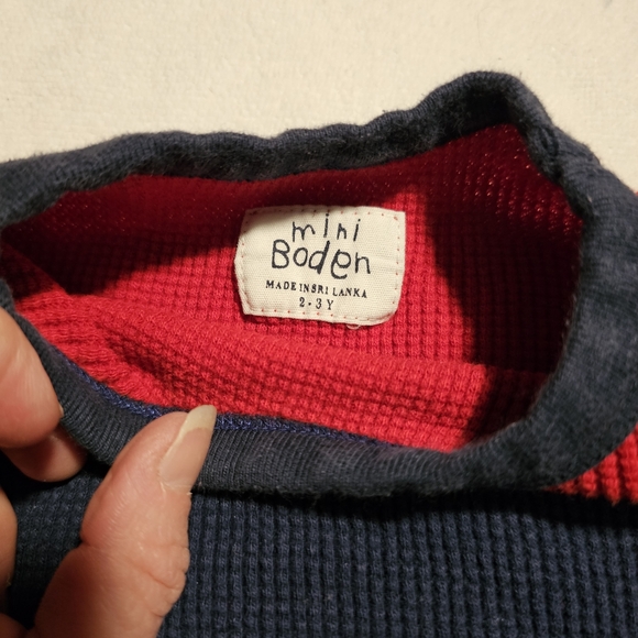 Mini Boden Long-Sleeve Waffle Shirt, Red with Navy Stripes & Trim, Size 2-3Y - Picture 4 of 6